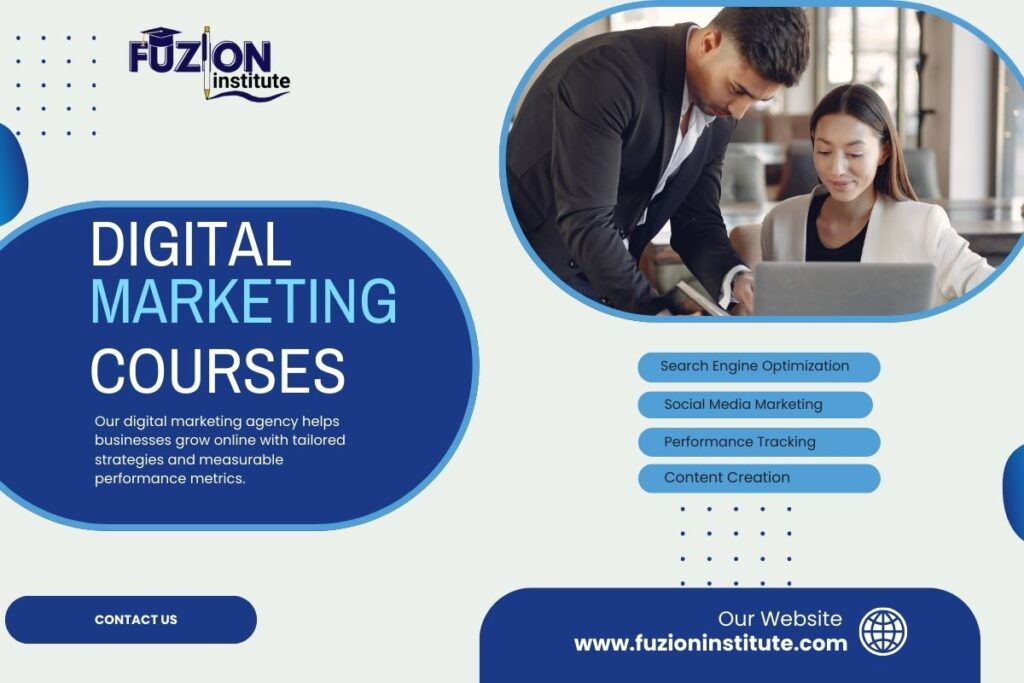 Digital Marketing Courses poster by Fuzion Institute featuring SEO, Social Media Marketing, Performance Tracking and Content Creation training
