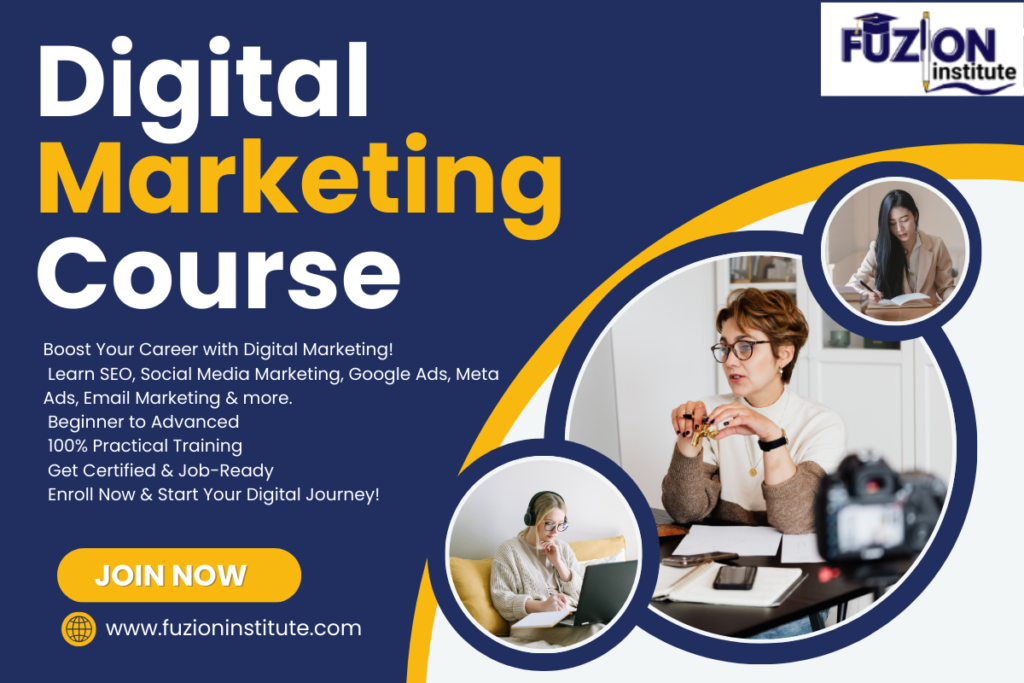 Digital marketing course banner by Fuzion Institute featuring online training, SEO, social media marketing, Google Ads, and certification